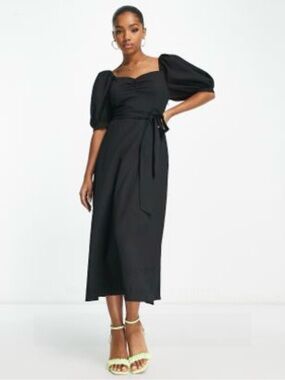 NWT Classic Black Puff-Sleeve Midi Dress with Self-Tie Waist
